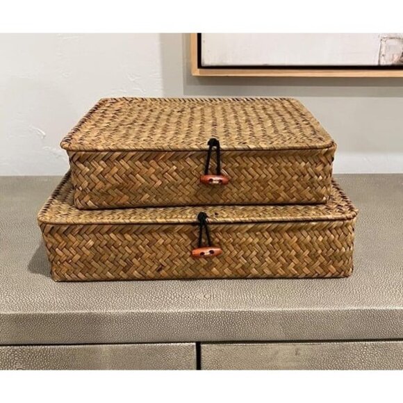 New Storage Basket Box with Lid Rectangular Woven Shelf Baskets Bin - Picture 1 of 2